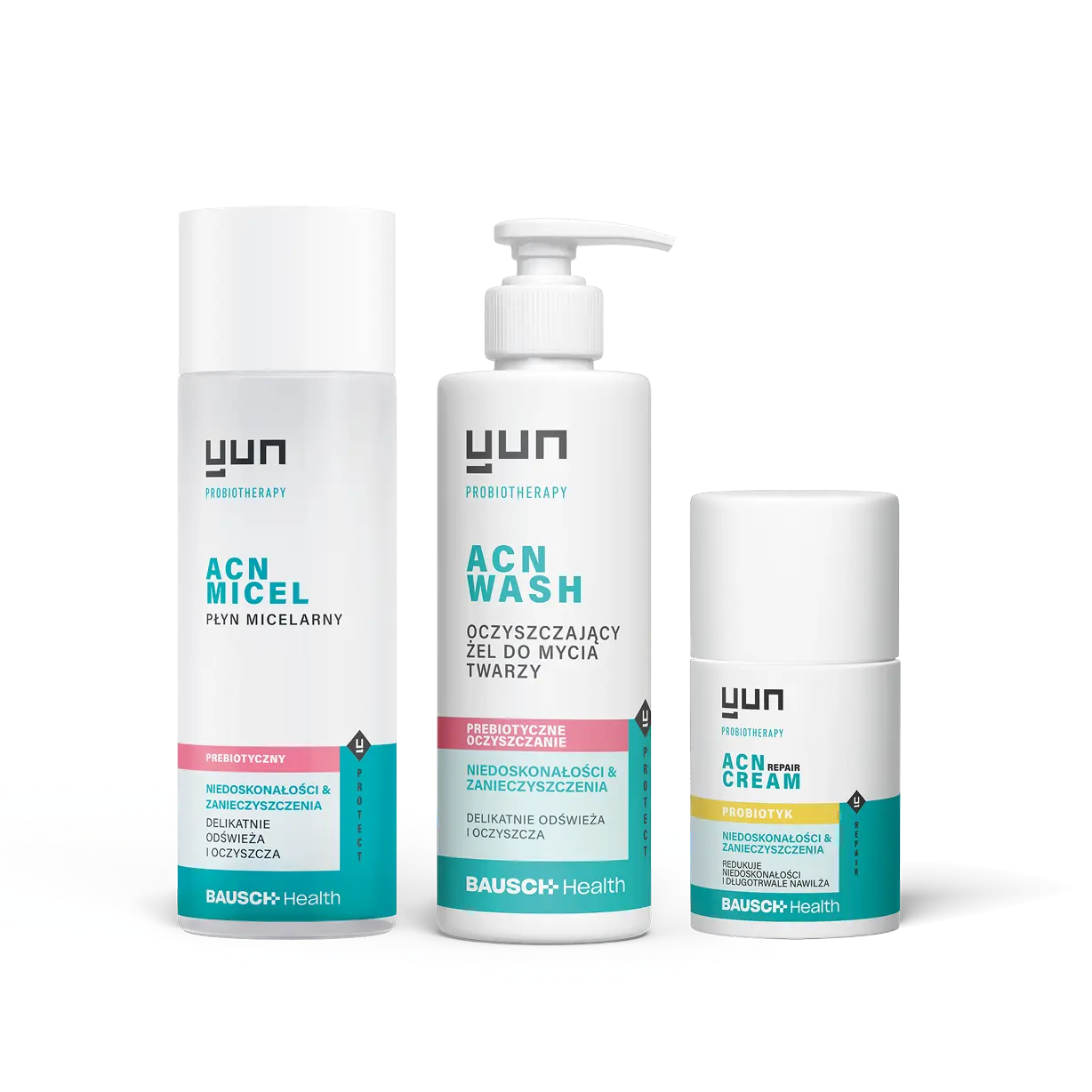 Zestaw kosmetyków Yun ACN: płyn micelarny, żel do mycia twarzy i krem.