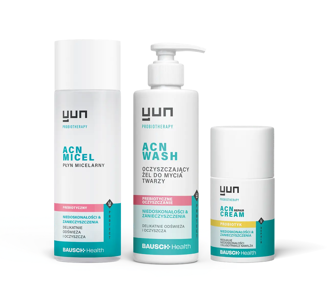 Zestaw kosmetyków Yun ACN: płyn micelarny, żel do mycia twarzy i krem.