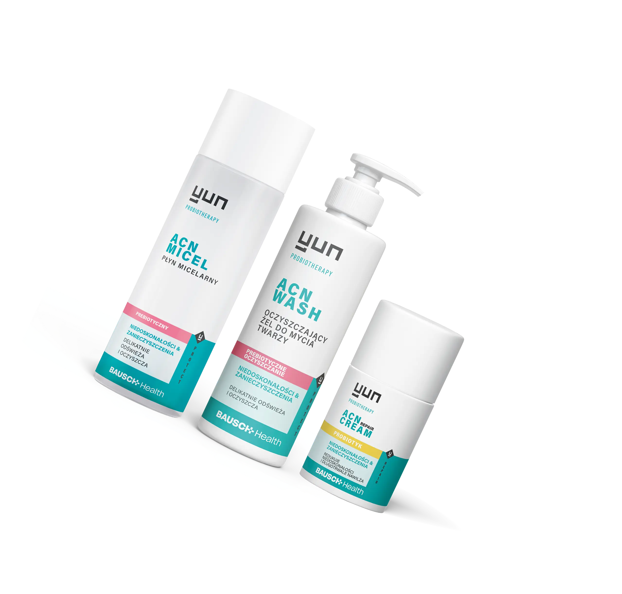 Zestaw kosmetyków Yun ACN: płyn micelarny, żel do mycia twarzy i krem.