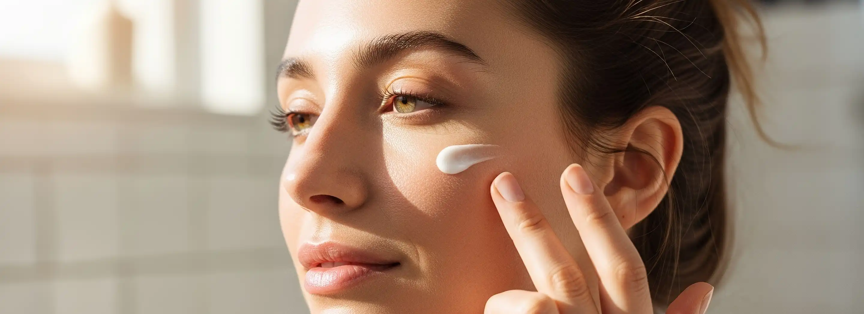 Osoba dotykająca szyi i dekoltu na neutralnym tle, ilustrująca temat mikrobiomu sk&oacute;ry i jego wpływu na kondycję oraz zdrowie sk&oacute;ry.