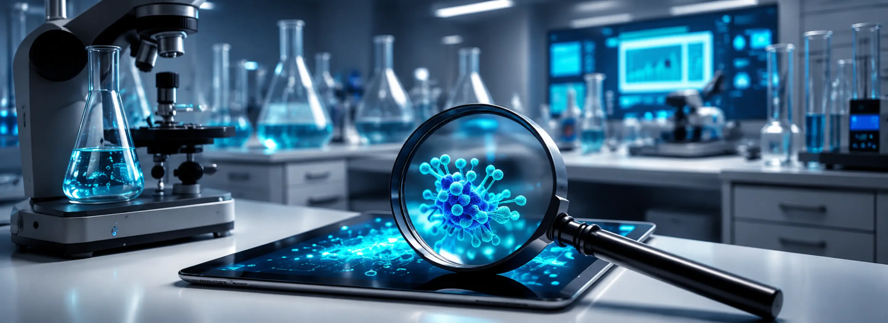 Laboratorium mikrobiologiczne z mikroskopem i kolbami, powiększenie bakterii Lactobacillus na ekranie tabletu, symbolizujące badania nad mikrobiomem sk&oacute;ry
