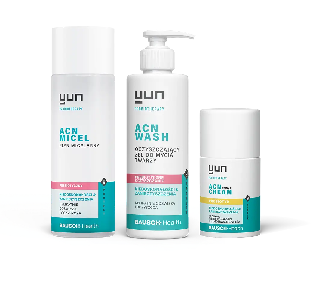 Zestaw kosmetyk&oacute;w Yun ACN: płyn micelarny, żel do mycia twarzy i krem.