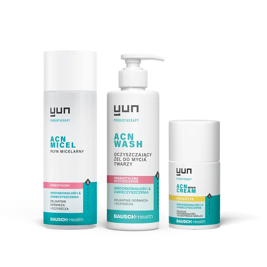 Zestaw kosmetyków Yun ACN: płyn micelarny, żel do mycia twarzy i krem.