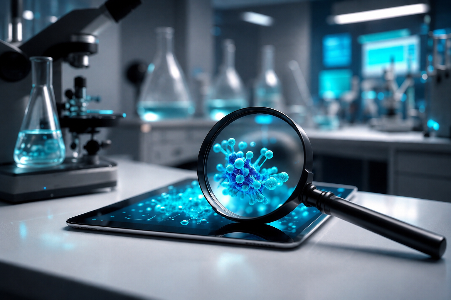 Laboratorium mikrobiologiczne z mikroskopem i kolbami, powiększenie bakterii Lactobacillus na ekranie tabletu, symbolizujące badania nad mikrobiomem skóry