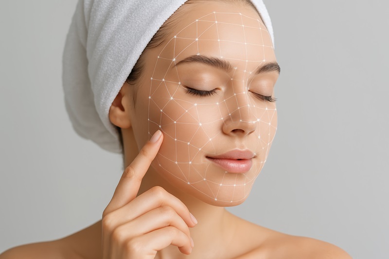 Osoba z ręcznikiem na głowie dotykająca brody, ilustrująca mapę twarzy i lokalizację wyprysków w poszczególnych obszarach skóry.