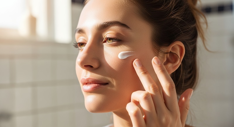 Osoba dotykająca szyi i dekoltu na neutralnym tle, ilustrująca temat mikrobiomu skóry i jego wpływu na kondycję oraz zdrowie skóry.