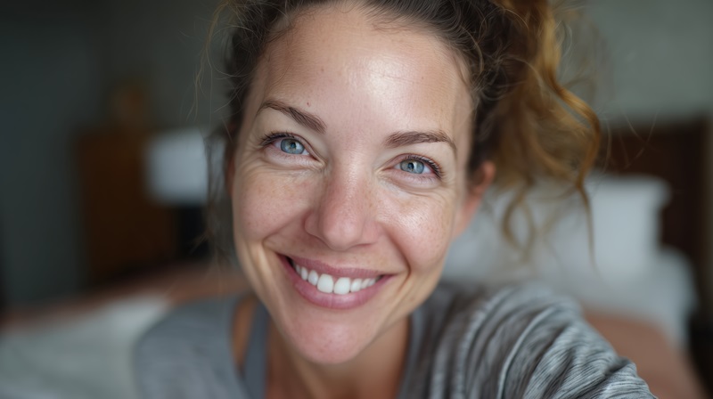 Osoba dotykająca twarzy w domowym wnętrzu, ilustrująca problemy z cerą po 30. roku życia i codzienną pielęgnację skóry